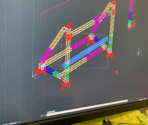 Three-dimensional rigging plan showing truss and suspension points